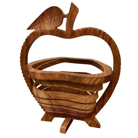 Vtg Wood Collapsible Apple Basket Folding Fruit Bowl Rustic Trivet Kitchen Decor - Picture 3 of 6